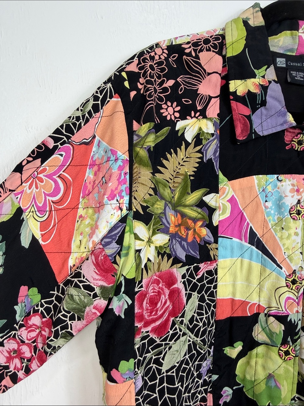 Casual Studio XL Rayon Patchwork Floral Black Button Front Jacket Shirt Vintage - Picture 3 of 8